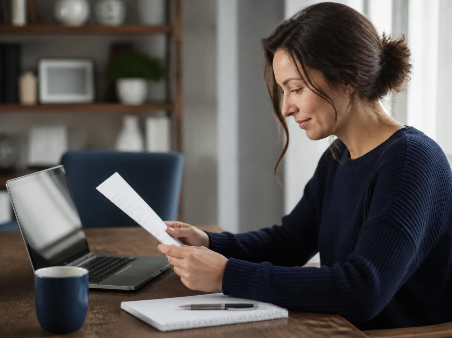 A woman reading a tax letter at a table with a laptop