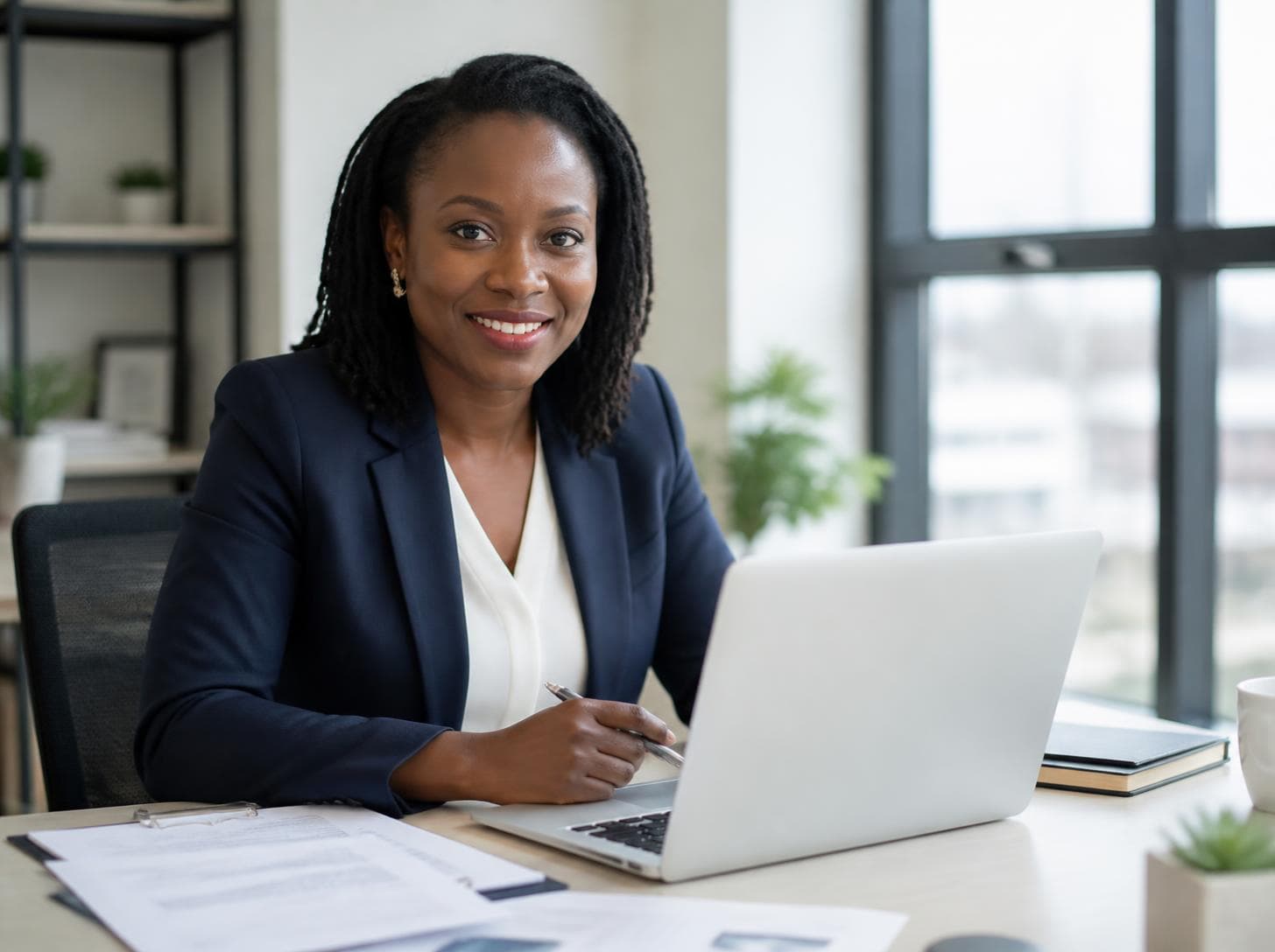 A consultant in a navy blazer analysing accounts on a laptop