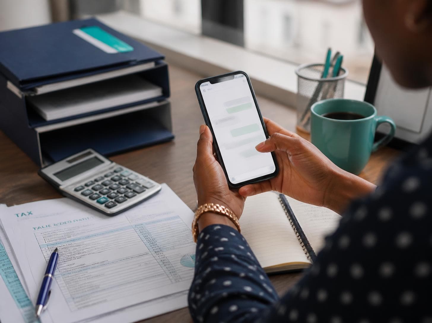 Hands holding a phone over tax papers, with a calculator and a mug on the desk