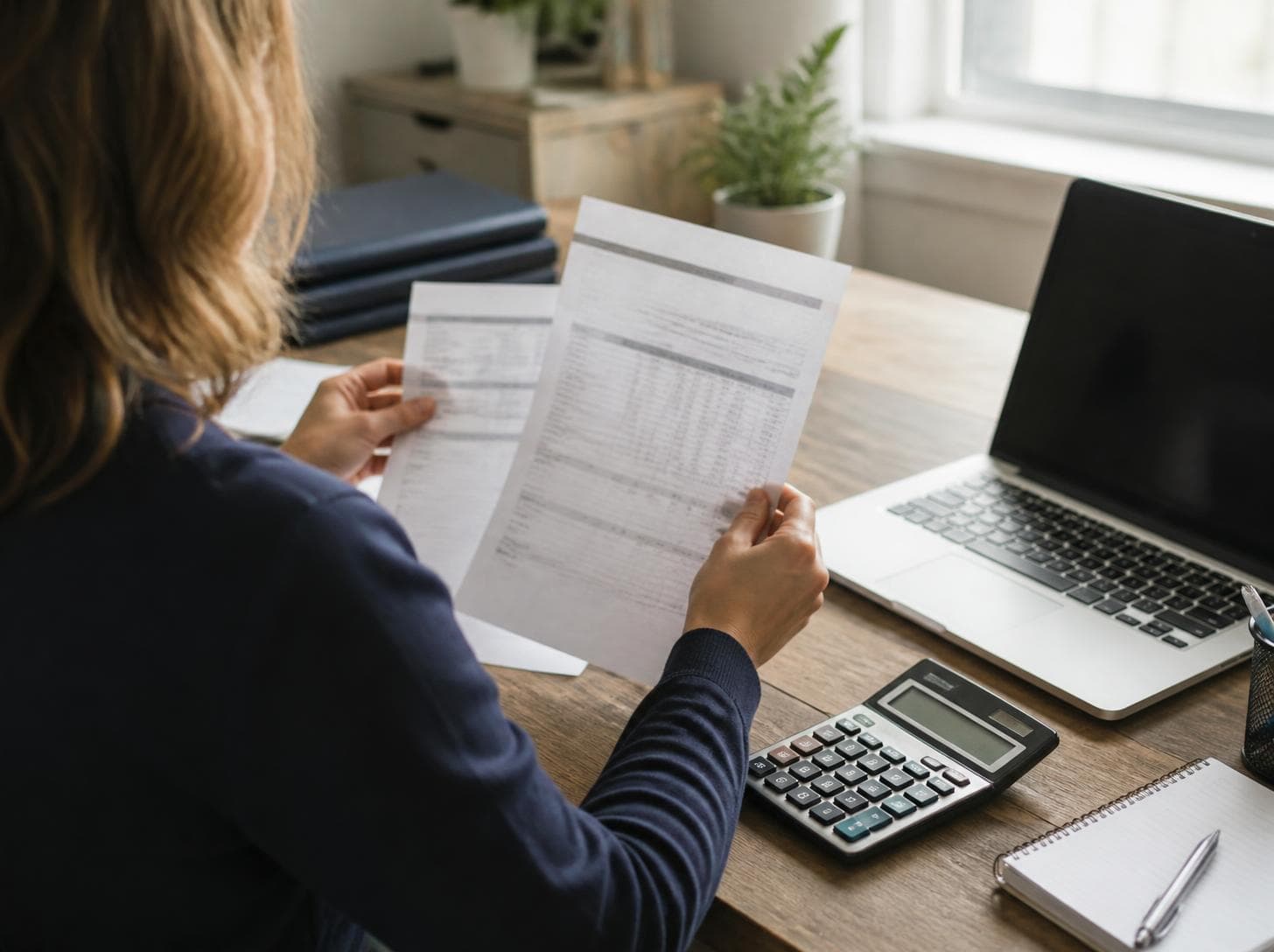A person reviewing payroll papers beside a calculator and laptop