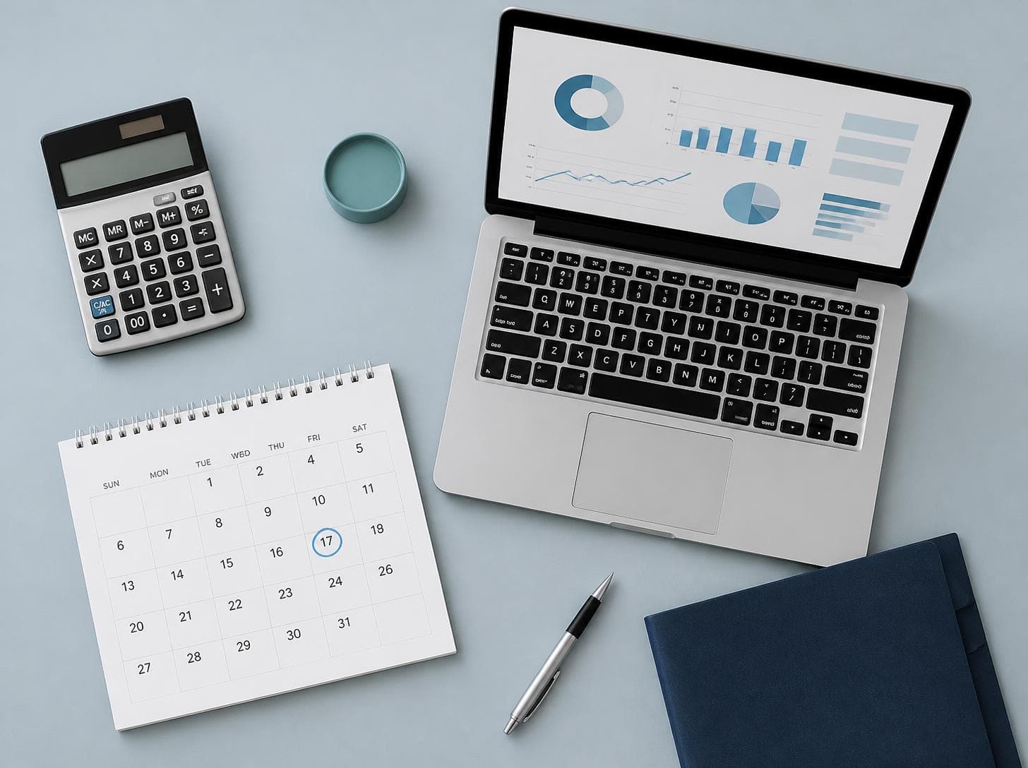 A desk with a laptop, calendar and calculator for preparing a tax return